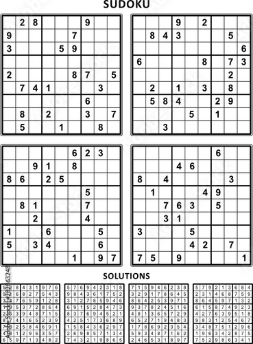 Four sudoku puzzles of comfortable (easy, yet not very easy) level, on A4 or Letter sized page with margins, suitable for large print books, answers included. Set 9.
