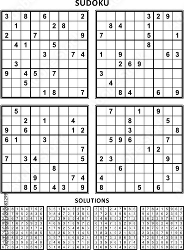 Four sudoku puzzles of comfortable (easy, yet not very easy) level, on A4 or Letter sized page with margins, suitable for large print books, answers included. Set 10.
