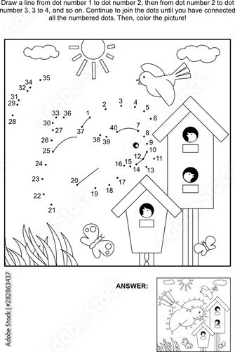 Springtime themed connect the dots picture puzzle and coloring page with birds, birdhouses and nestlings. Answer included.