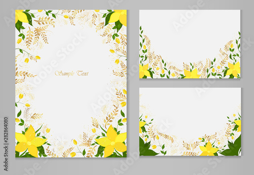 Set of vector cards with yellow flowers and golden plants on a gray background.
