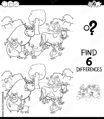 differences color book with farm animal characters