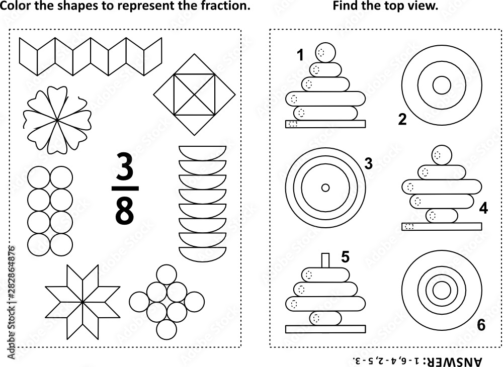 Two visual math puzzles and coloring pages. Color the shapes to