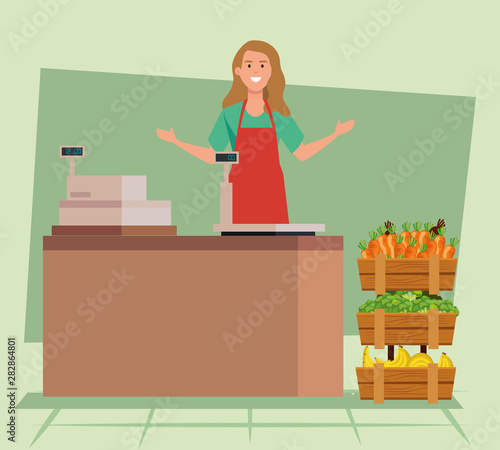 saleswoman wearing apron with fresh vegetables and fruits