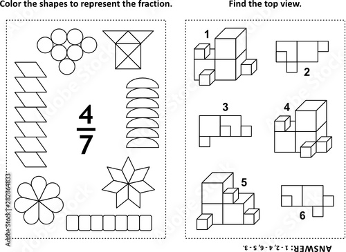 Two visual math puzzles and coloring pages. Color the shapes to represent the fraction. Find the top view. Black and white. Answers included.