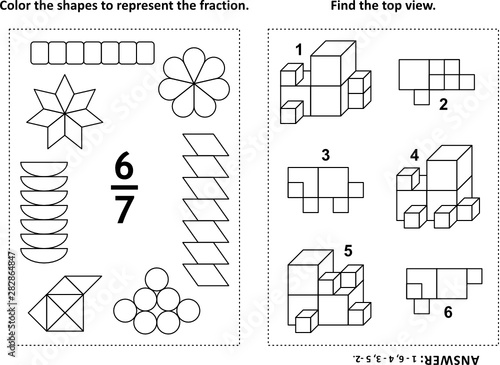 Two visual math puzzles and coloring pages. Color the shapes to represent the fraction. Find the top view. Black and white. Answers included.