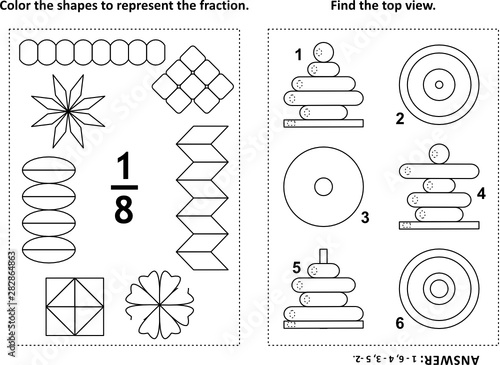 Two visual math puzzles and coloring pages. Color the shapes to represent the fraction. Find the top view. Black and white. Answers included.