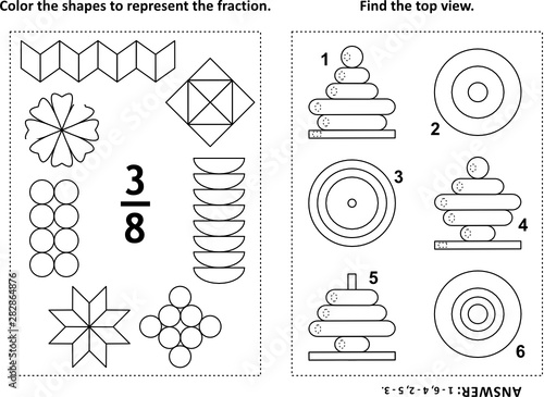 Two visual math puzzles and coloring pages. Color the shapes to represent the fraction. Find the top view. Black and white. Answers included.