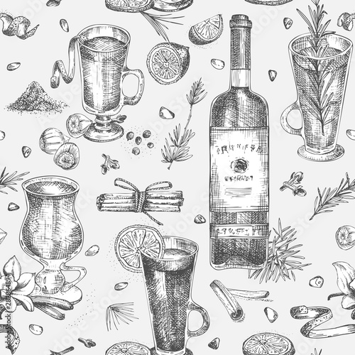 Seamless pattern with hand drawn Christmas winter spices, glasses of traditionally hot winter drinks and wine bottle. Good idea for templates menu, recipes, greeting cards