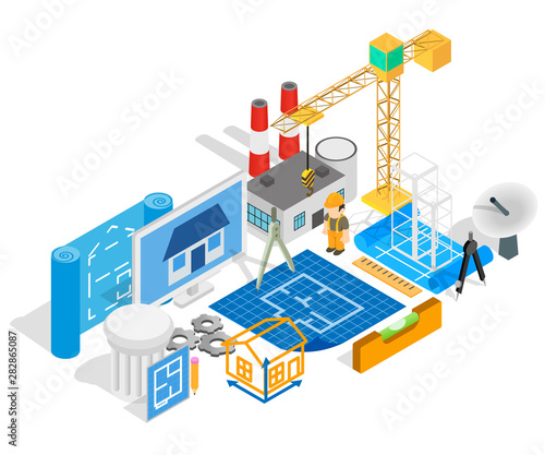 Engineering art concept banner. Isometric banner of engineering art vector concept for web, giftcard and postcard © ylivdesign