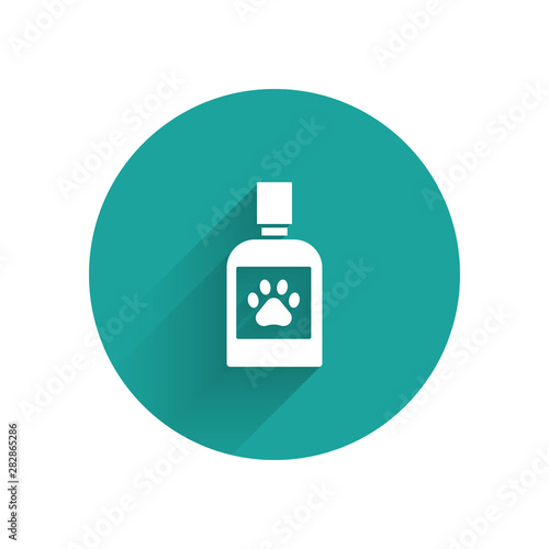 White Dog medicine bottle icon isolated with long shadow. Container with pills. Prescription medicine for animal. Green circle button. Vector Illustration
