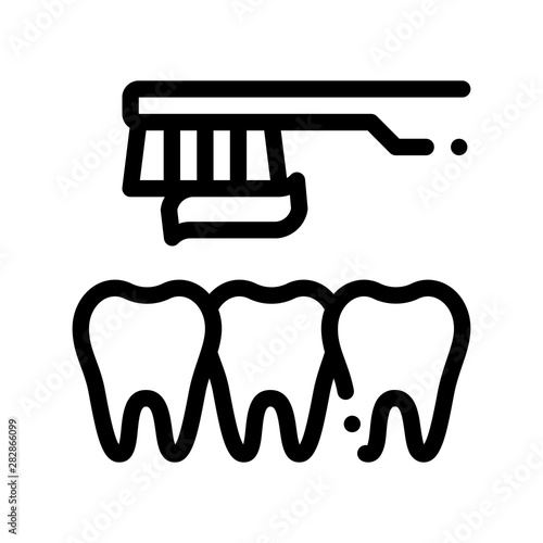 Dentist Teeth Cleaning Vector Thin Line Sign Icon. Teeth And Toothbrush With Toothpaste, Tool And Device Linear Pictogram. Chairside Assistance Dental Health Service Monochrome Contour Illustration