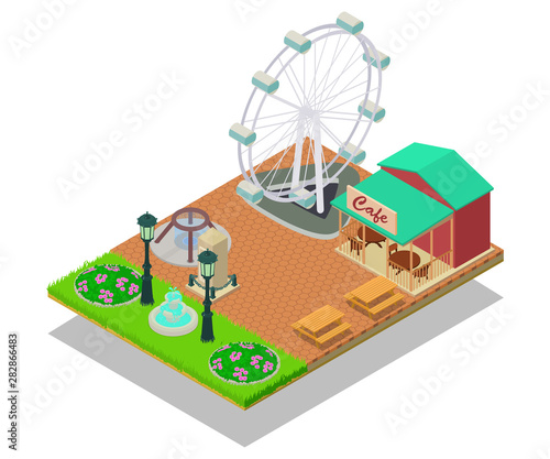 Theme park concept banner. Isometric banner of theme park vector concept for web, giftcard and postcard