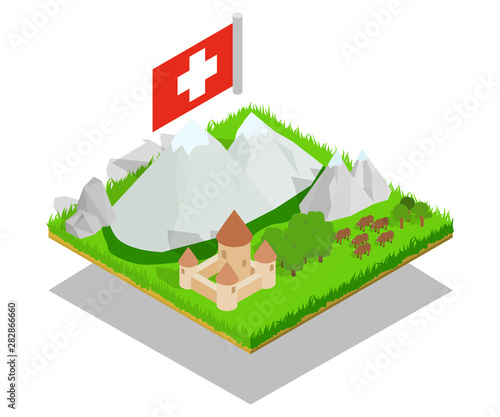 Swiss concept banner. Isometric banner of swiss vector concept for web, giftcard and postcard