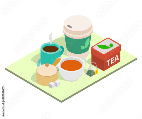 Tea time concept banner. Isometric banner of tea time vector concept for web, giftcard and postcard