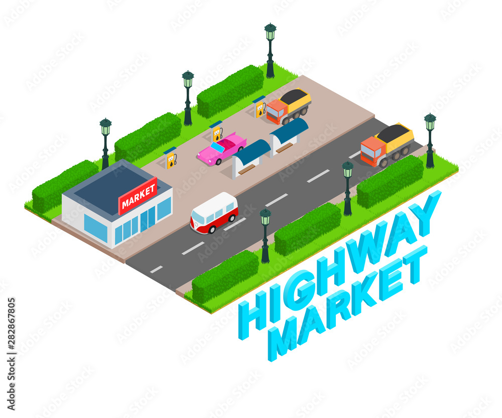 Highway market concept banner. Isometric banner of highway market vector concept for web, giftcard and postcard