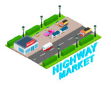 Highway market concept banner. Isometric banner of highway market vector concept for web, giftcard and postcard