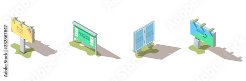 Outdoor advertising billboards, street banners and citylights with promo campaign ads sample text on posters, grass under footing and shadow isometric vector icons set isolated on white background