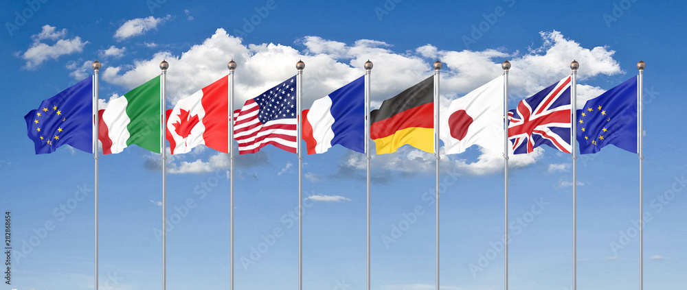 45th G7 summit , August 24–26, 2019 in Biarritz, Nouvelle-Aquitaine, France. 7 Silk waving flags of countries of Group of Seven - Canada, France, Japan, Germany, Italy, USA states, United Kingdom. Big