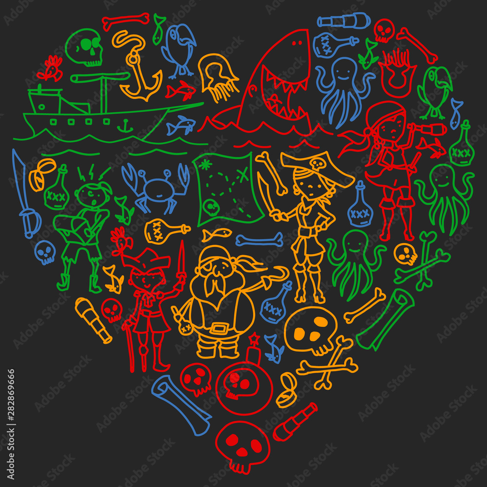 Vector set of pirates children's drawings icons in doodle style. Painted, black colorful, chalk pictures on a blackboard.