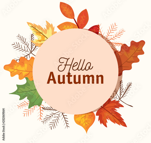 hello autumn label with leaves and plants