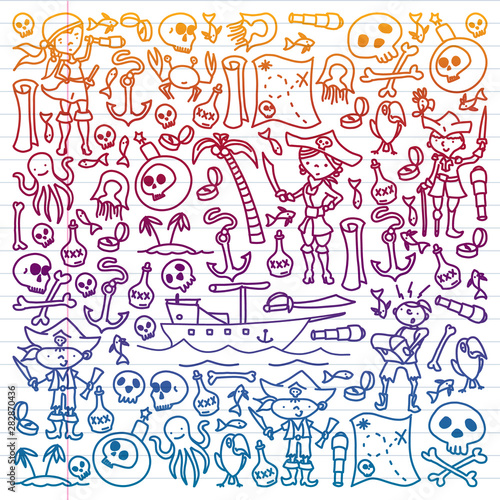 Vector set of pirates children's drawings icons in doodle style. Painted, colorful, pictures on a piece of paper on white background. Drawing by pen on exercise notebook.