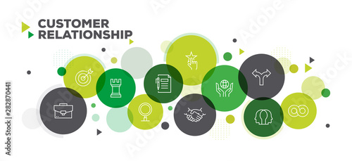 CUSTOMER RELATIONSHIP ICONS ON MULTI COLORED BACKGROUND BANNER DESIGN