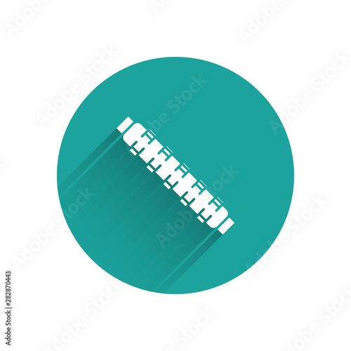 White Hunting cartridge belt with cartridges icon isolated with long shadow. Bandolier sign. Hunter equipment, armament. Green circle button. Vector Illustration