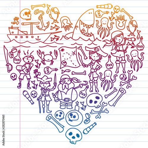 Vector set of pirates children's drawings icons in doodle style. Painted, colorful, pictures on a piece of paper on white background. Drawing by pen on exercise notebook.