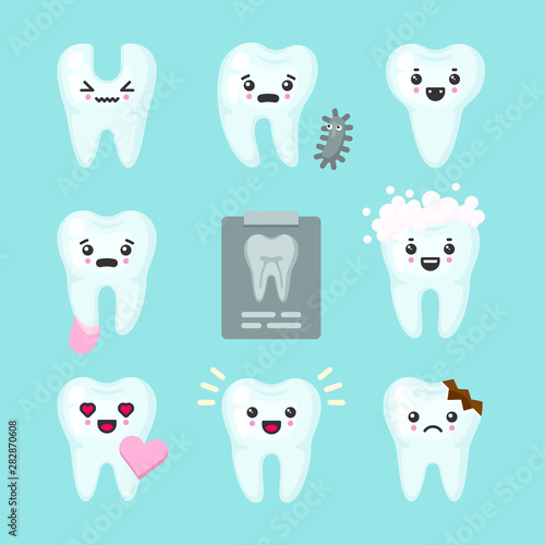 Cute teeth colorful set with different emotions. Different tooth conditions. Healthy and bad teeth. Cartoon vector tooth isolated illustration.