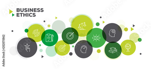BUSINESS ETHICS ICONS ON MULTI COLORED BACKGROUND BANNER DESIGN