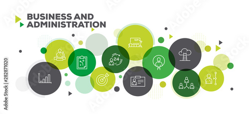 BUSINESS AND ADMINISTRATION ICONS ON MULTI COLORED BACKGROUND BANNER DESIGN