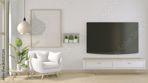 TV on stand cabinet in modern living room with armchair and decoration plants.3D rendering © Interior Design