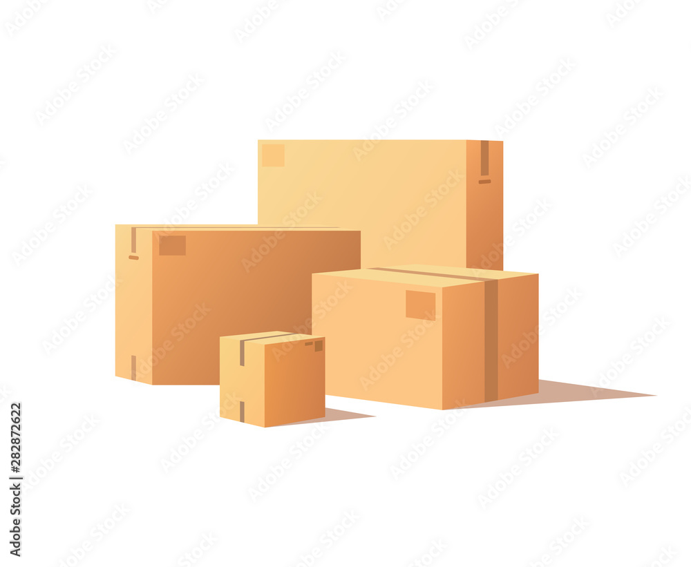 Template of shopping packages packed by adhesive tape, vector isolated big and small boxes. Wholesale of goods, pile of parcels in warehouse vector Template of shopping packages packed by adhesive tape, vector isolated big and small boxes. Wholesale of goods, pile of parcels in warehouse vector