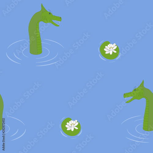 Loch Ness Monster or Nessie with water lily  seamless background