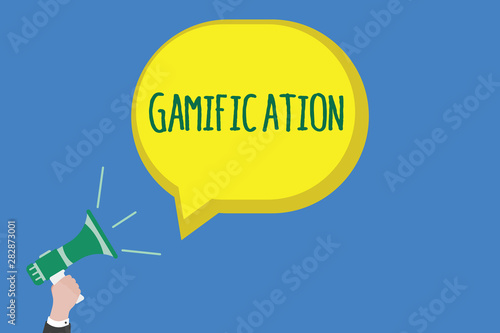 Writing note showing Gamification. Business photo showcasing Application of typical elements of game playing to other areas.