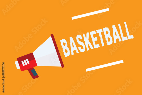 Conceptual hand writing showing Basketball. Business photo text Sport Indoors court game Competition throw ball to open net Megaphone loudspeaker orange background important message speaking photo