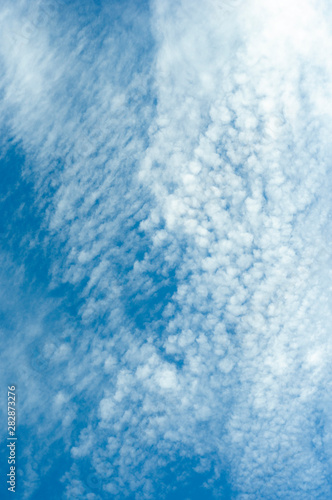 Bright blue sky and white wooly clouds background, bottom view , horizontal image. © Teerasak