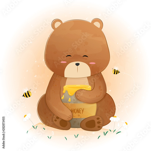 Cute Bear holding honey jar and bees flying around