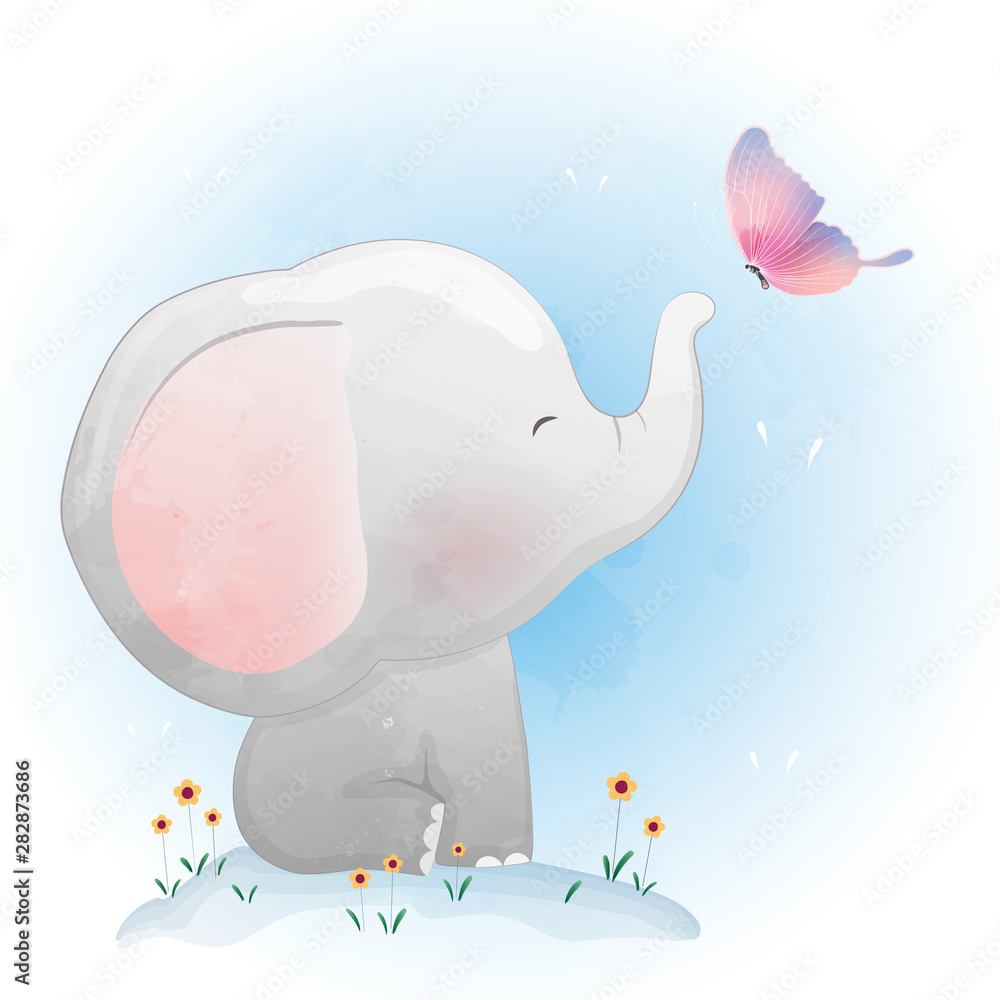 Cute Baby Elephant Playing with butterfly Stock Vector | Adobe Stock