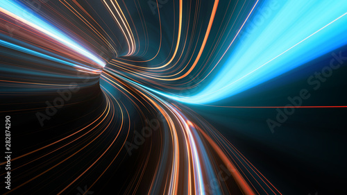 Fotografie, Obraz 3D Rendering of abstract fast moving stripe lines with glowing sun light flare
