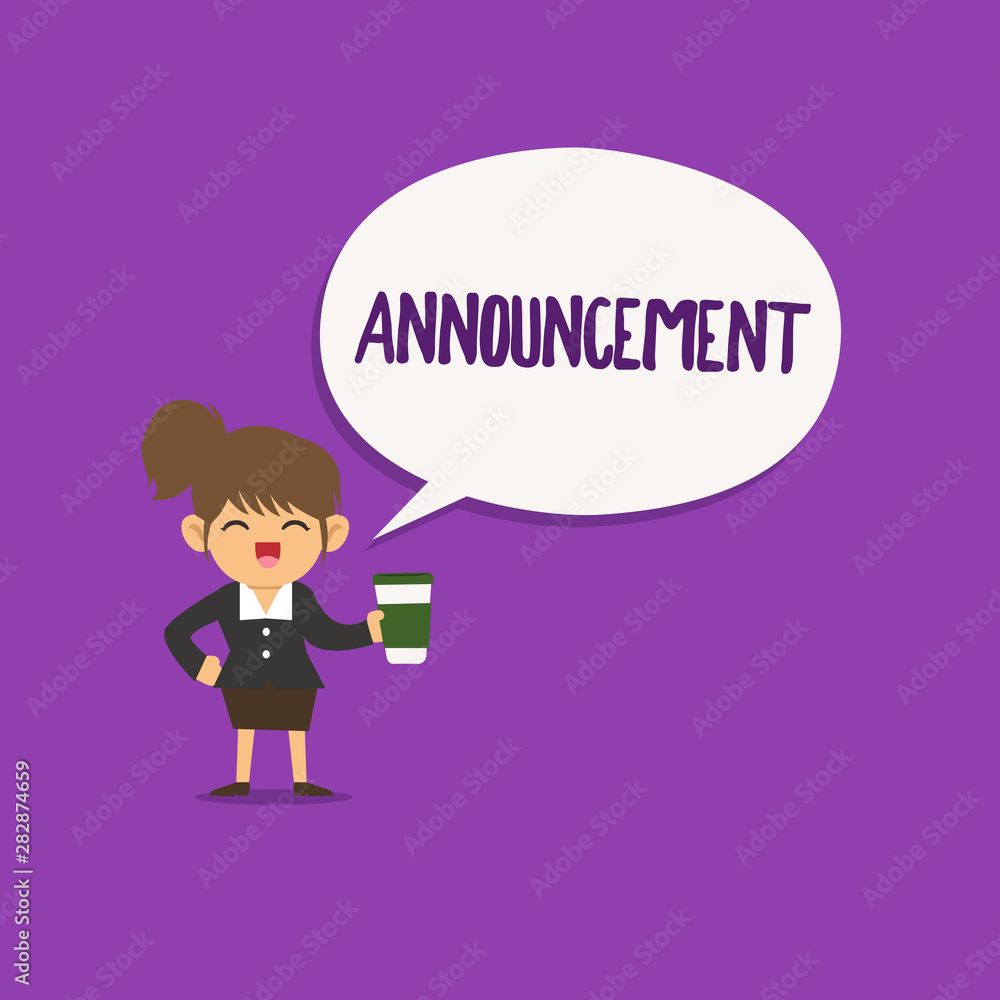 Conceptual hand writing showing Announcement. Business photo text Formal public statement about a fact occurrence or intention.