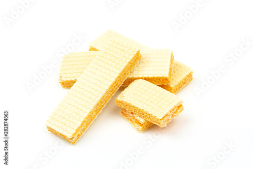Crispy cheese flavored wafer snack isolated on white background.