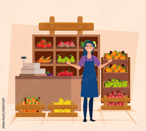 saleswoman with apron and fresh vegetables and fruits