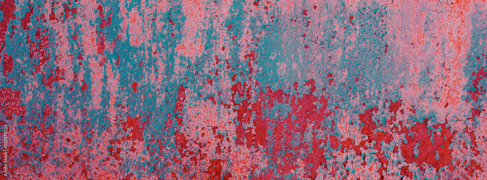 Surface of old rusty metal sheet coated with corrosion