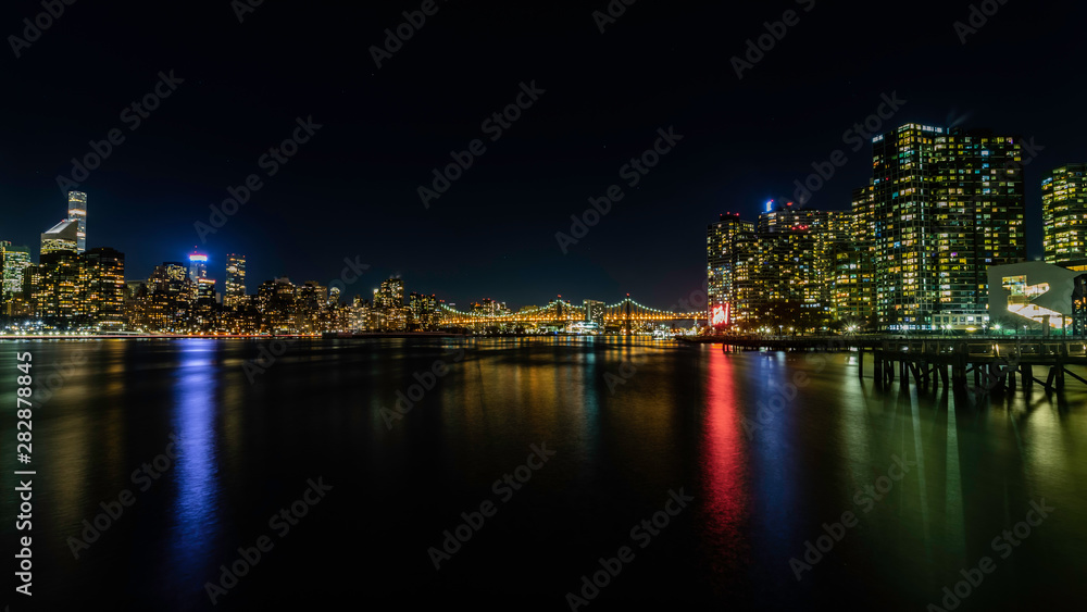 Nighttime Wide Angle Queensboro Bridge and East River from Gantry Plaza