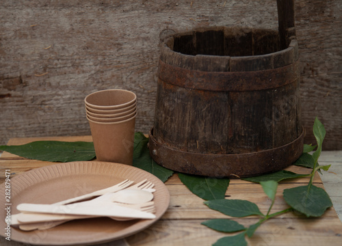 Various eco-friendly kraft paper packaging  containers for takeaway food. Zero waste and recycling concept.