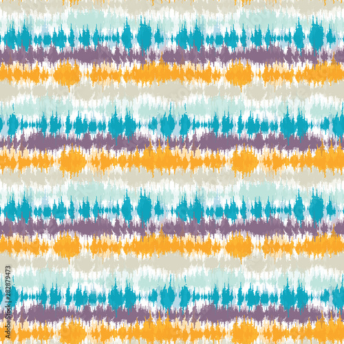 Seamless pattern tie dye shibori stripes. Colorful boho summer background. Vector textile retro swatch.