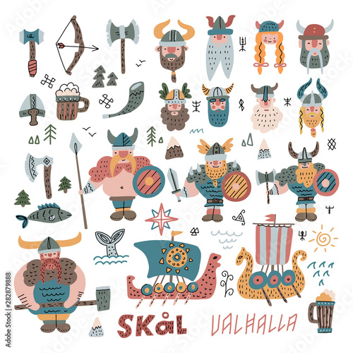 Big Set withmany hand drawn flat vikings, faces, equipment and ships in cartoon style. Funny vector illustration for kids. Viking boat norway drakkar doodle icons with hand scandinavian lettering.