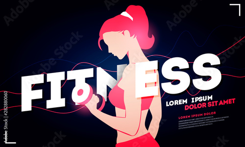 Vector Illustration Fitness Club Ad With A Healthy Woman Lifting Weights On Dark Background