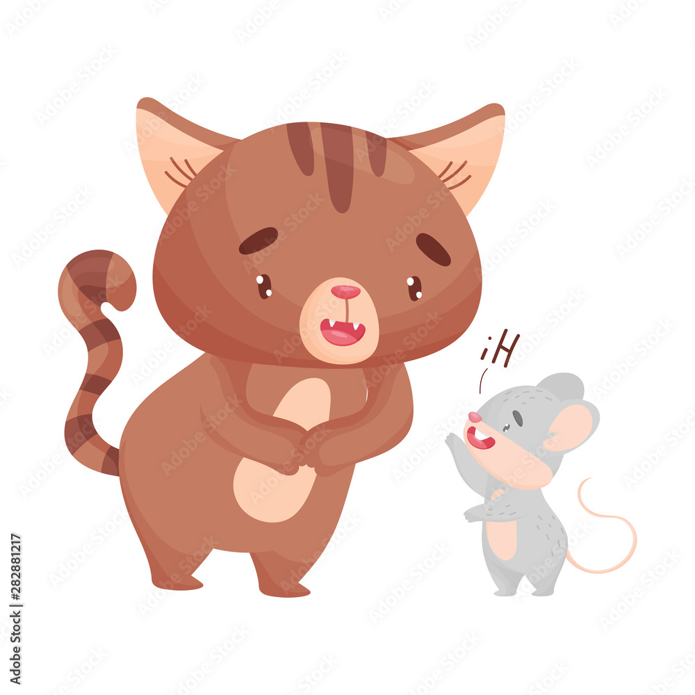 Mouse welcomes the cat. Vector illustration on white background. Mouse welcomes the cat. Vector illustration on white background.